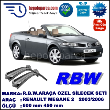 RENAULT Megane II Cabrio [EM] 10.03-01.06 600 / 450 mm. RBW Muz Silecek Seti  2'li Takım. U Kanca Uyumludur.