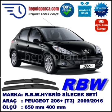 PEUGEOT 206+ [T3] 03.09-... 650 / 400 mm. RBW Hybrid Silecek Seti. U Kanca Uyumlu Hibrit
