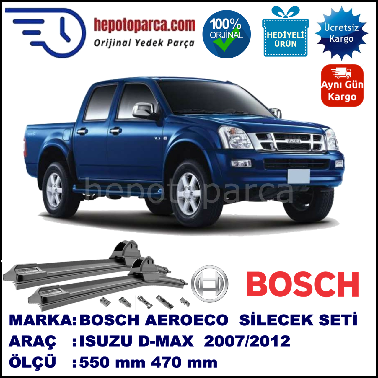 ISUZU D-MAX  01.2007-..., 550 / 470 mm. BOSCH AEROECO Aparatlı Muz Silecek