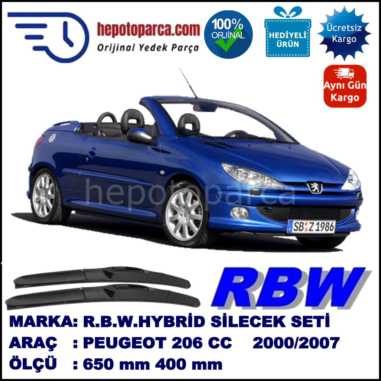 PEUGEOT 206 CC [T1] 09.00-03.07 650 / 400 mm. RBW Hybrid Silecek Seti. U Kanca Uyumlu Hibrit