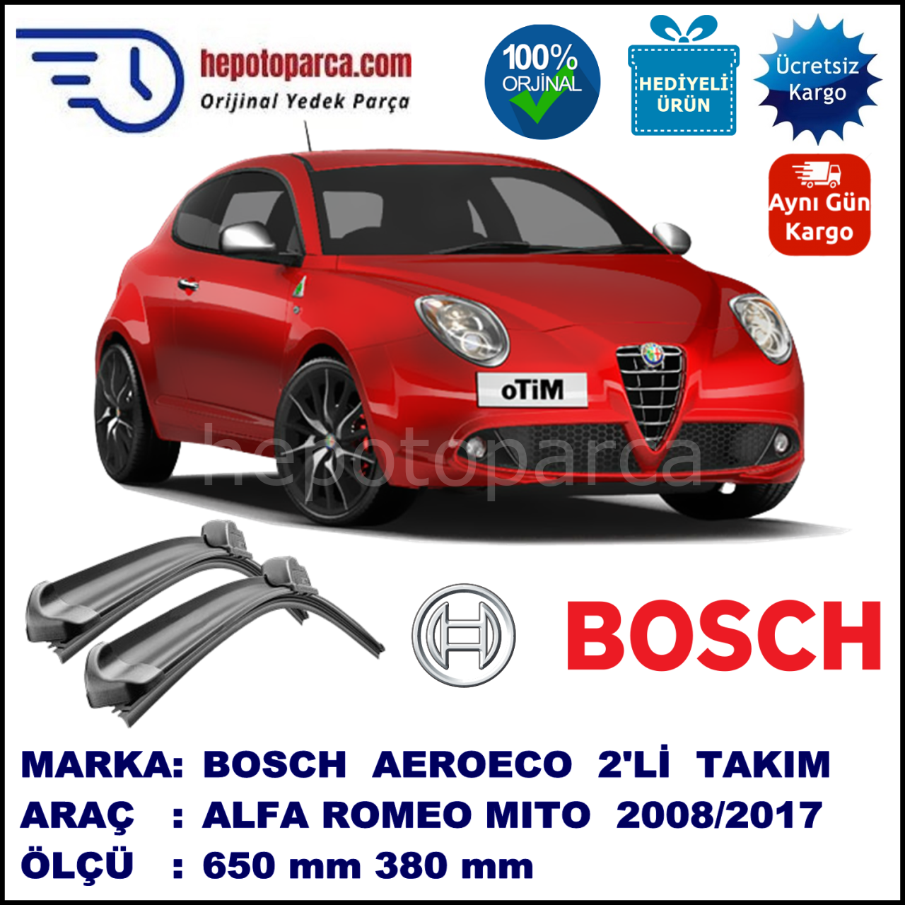 ALFA ROMEO Mito [955] 08.2008-… , 650 / 380 mm. BOSCH AEROECO Aparatlı Muz Silecek