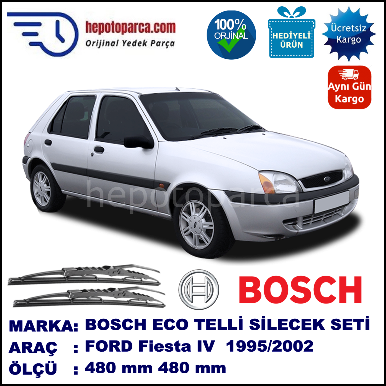 FORD Fiesta IV [96] 10.95-12.02 480 / 480 mm. BOSCH ECO Telli Silecek 2'li Takım