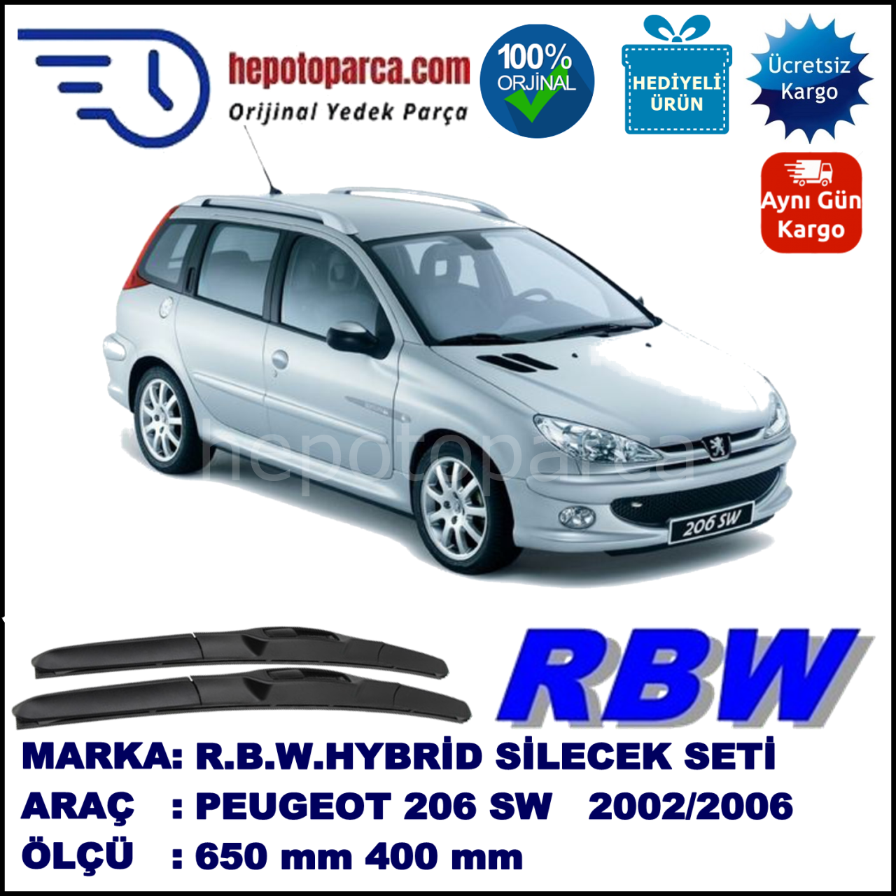 PEUGEOT 206 SW [T1] 03.02-12.06 650 / 400 mm. RBW Hybrid Silecek Seti. U Kanca Uyumlu Hibrit