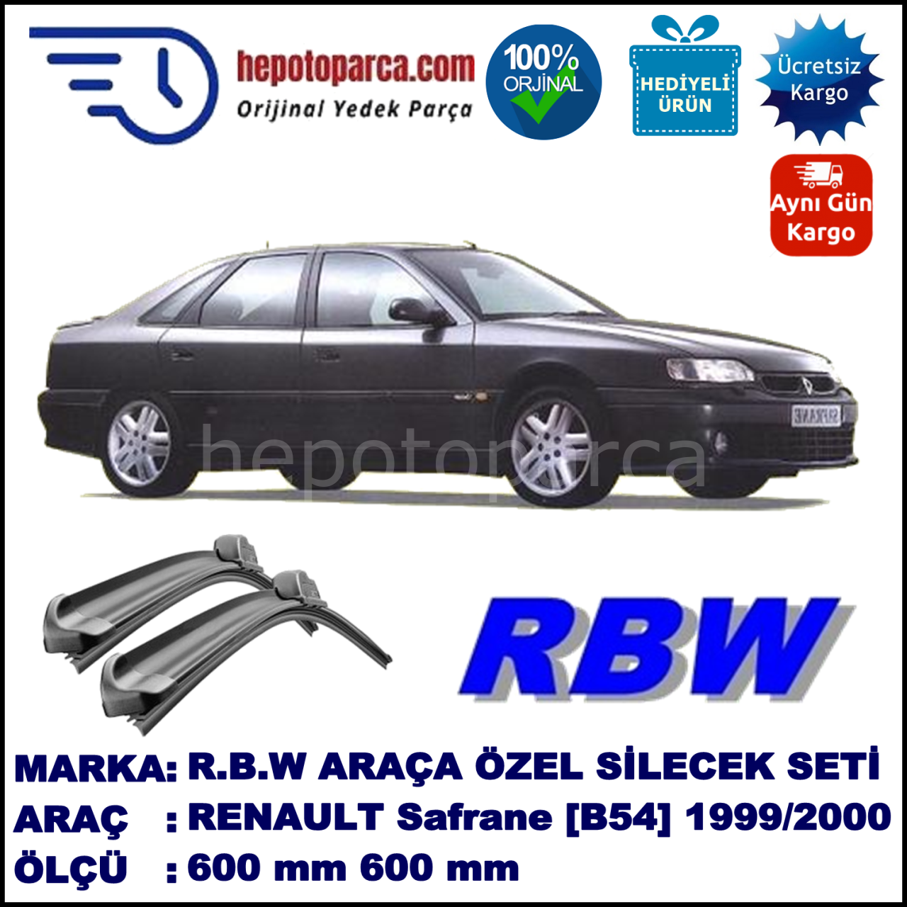 RENAULT Safrane [B54] 02.99-12.00 600 / 600 mm. RBW Muz Silecek Seti  2'li Takım. U Kanca Uyumludur.