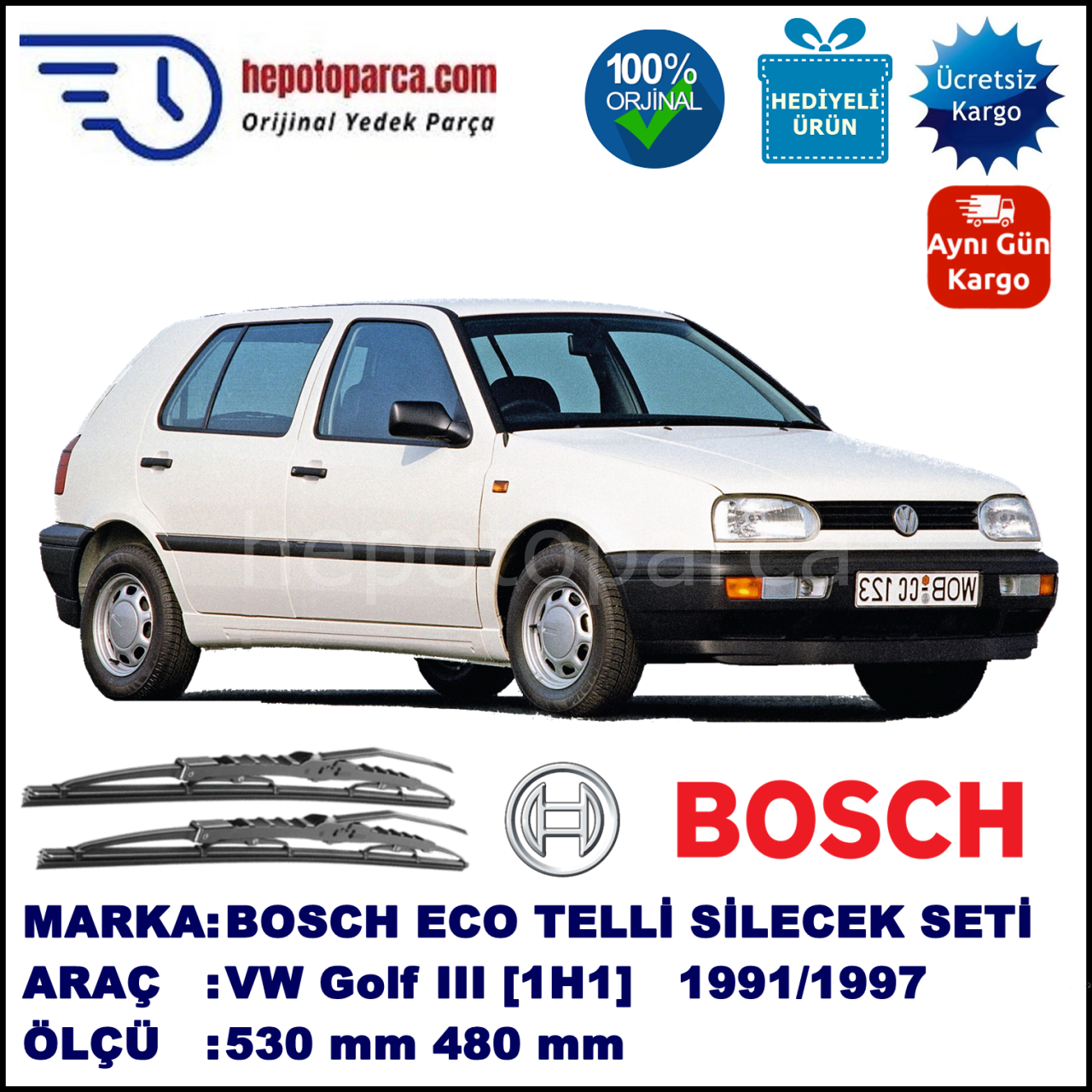 VW Golf III [1H1] 11.91-12.97 530 / 480 mm. BOSCH ECO Telli Silecek 2'li Takım