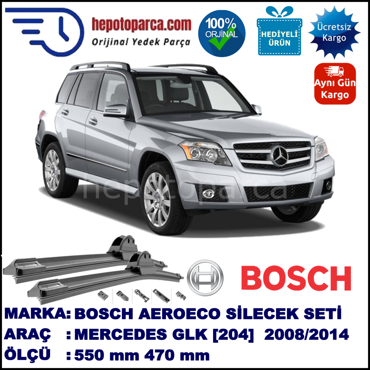 MERCEDES-BENZ Serie GLK [204] 06.2008-01.2014, 550 / 470 mm. BOSCH AEROECO Aparatlı Muz Silecek