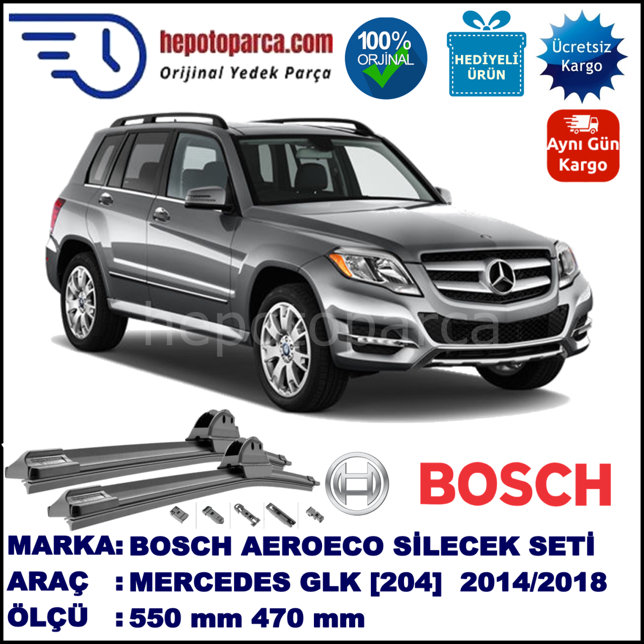 MERCEDES-BENZ Serie GLK [204] 02.2014-..., 550 / 470 mm. BOSCH AEROECO Aparatlı Muz Silecek