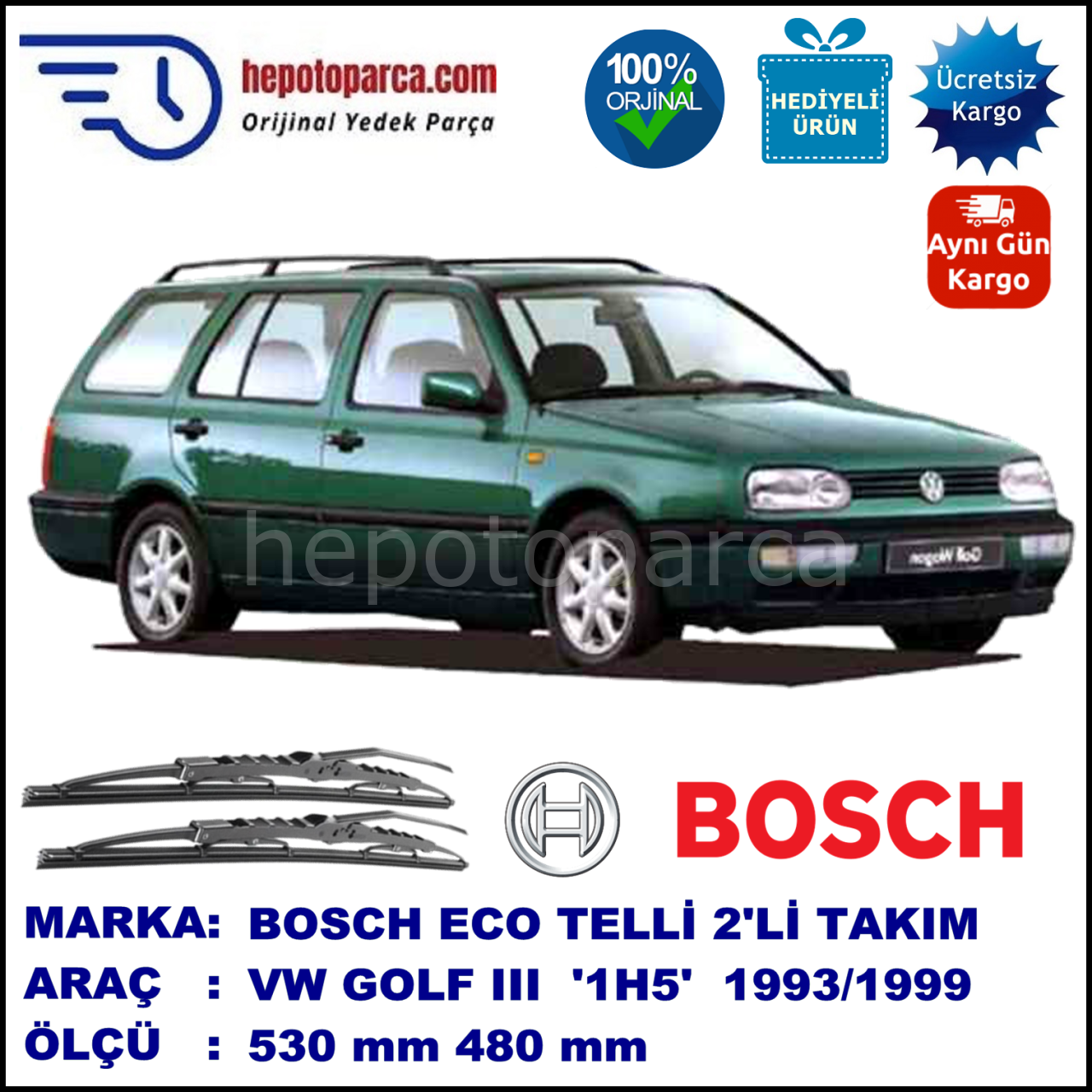 VW Golf III Variant [1H5] 07.93-02.99 530 / 480 mm. BOSCH ECO Telli Silecek 2'li Takım