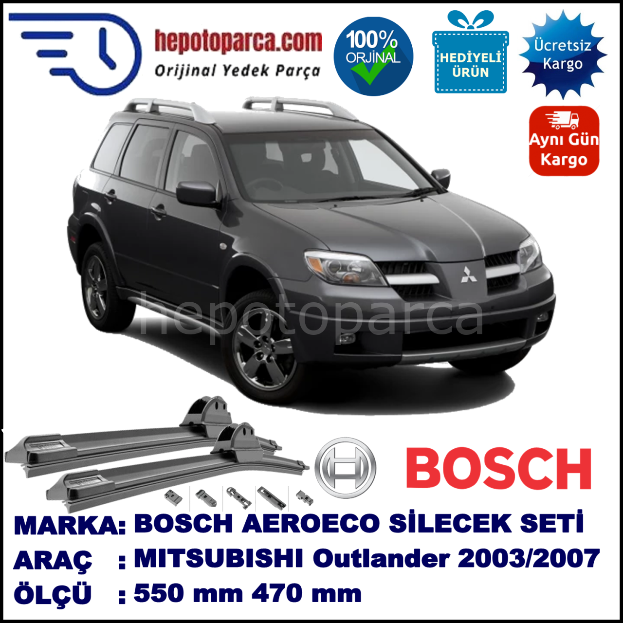 MITSUBISHI Outlander [CU] 02.2003-09.2007, 550 / 470 mm. BOSCH AEROECO Aparatlı Muz Silecek