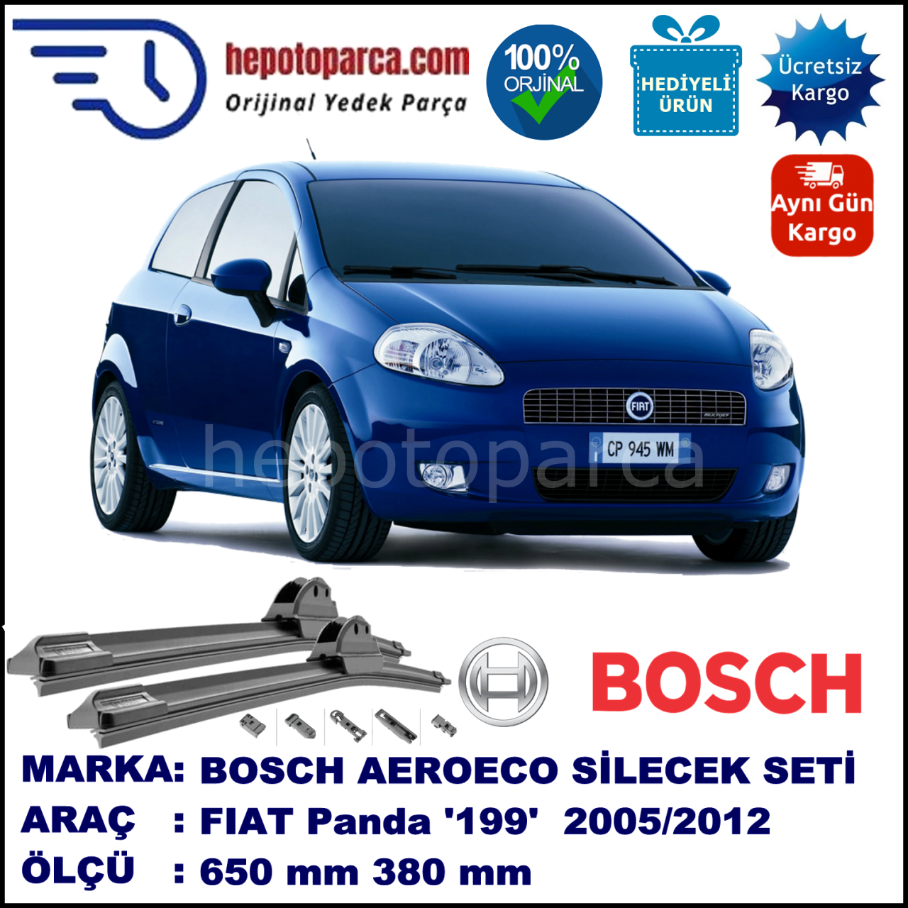 FIAT Punto Grande [199..] 10.2005-..., 650 / 380 mm. BOSCH AEROECO Aparatlı Muz Silecek