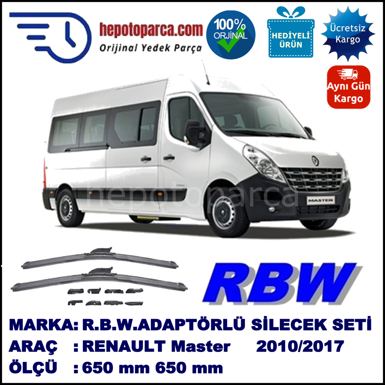 RENAULT Master  02.2010-..., 650 / 650 mm.  RBW  ADAPTÖRLÜ MUZ SİLECEK SETİ
