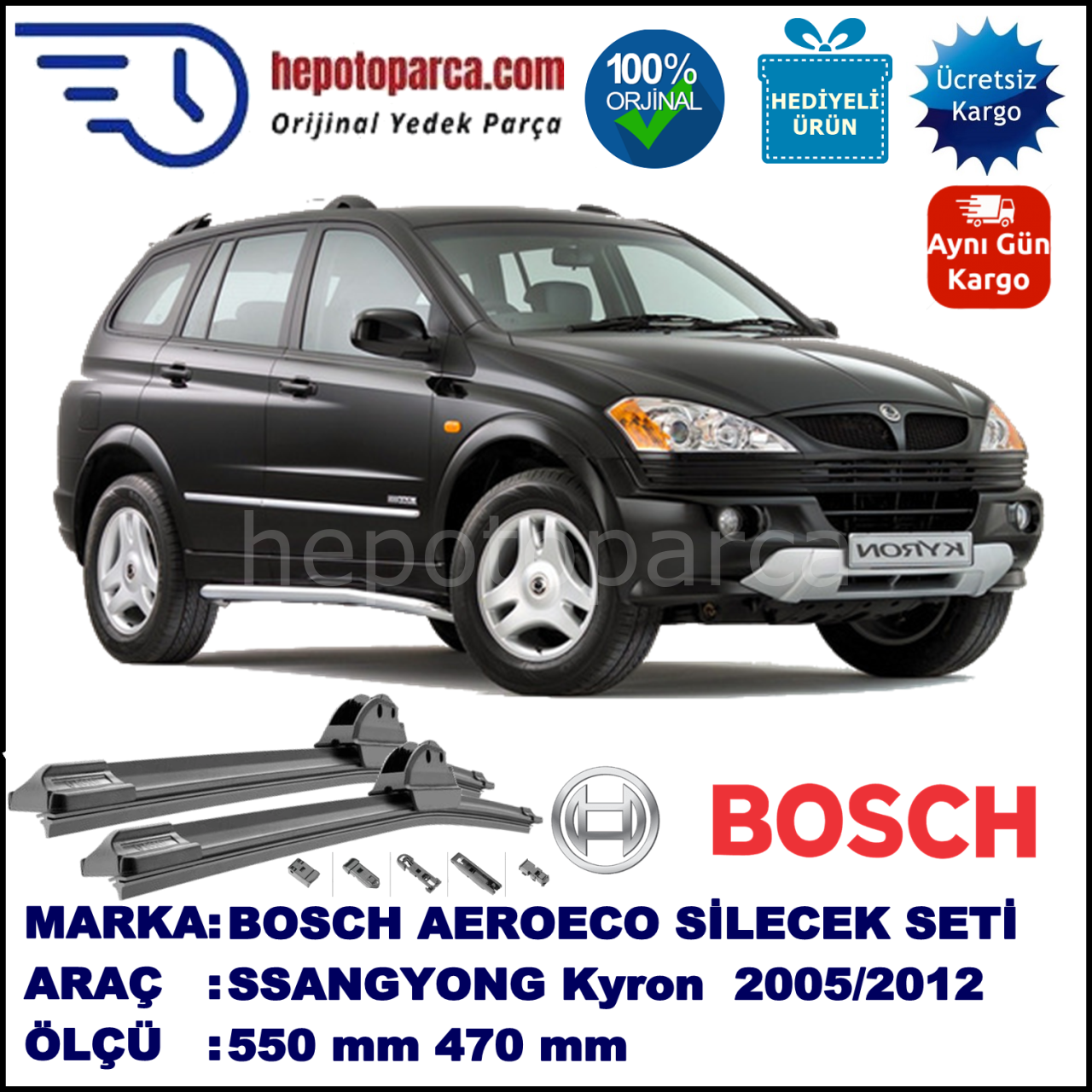 SSANGYONG Kyron  05.2005-..., 550 / 470 mm. BOSCH AEROECO Aparatlı Muz Silecek