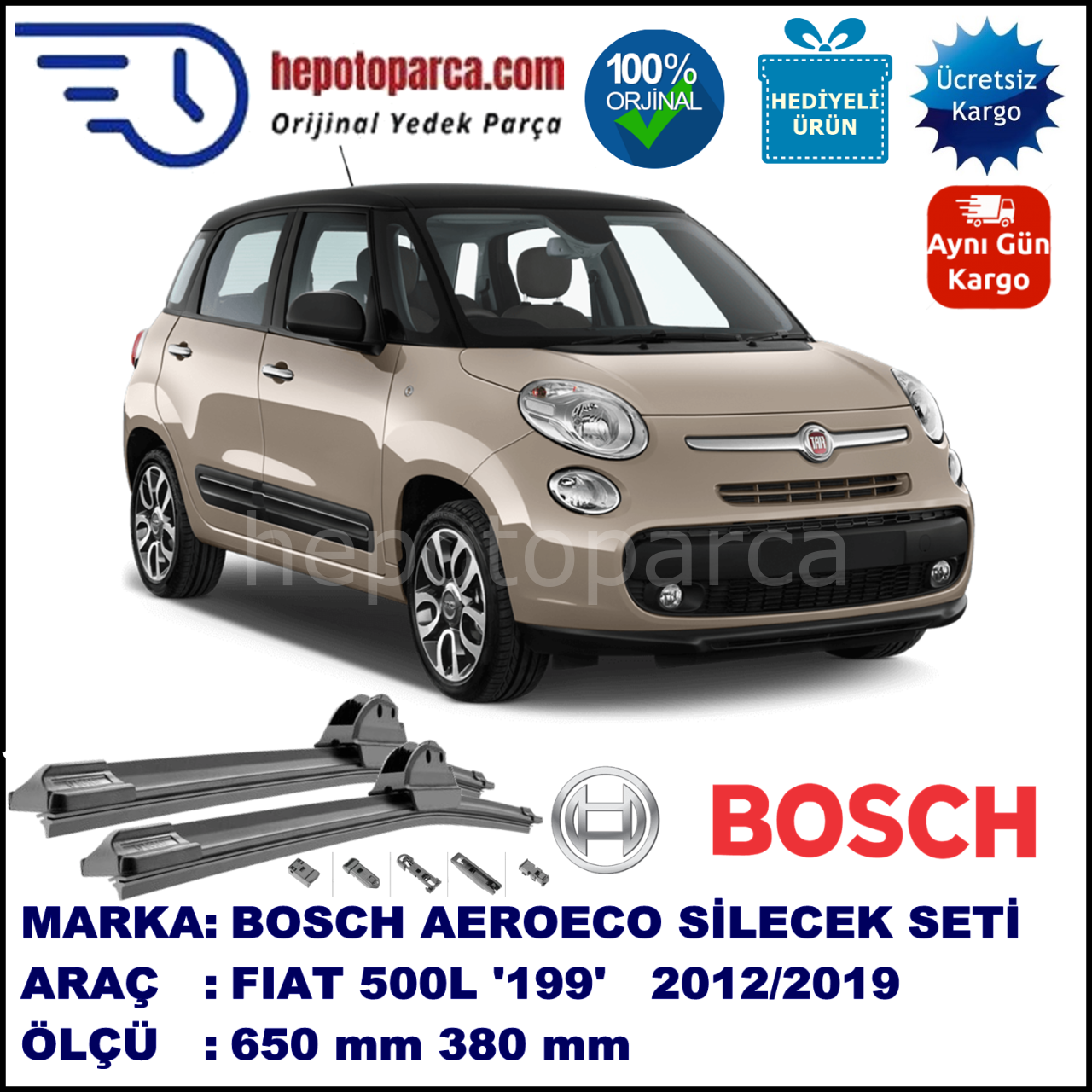 FIAT 500L [199..] 09.2012-..., 650 / 380 mm. BOSCH AEROECO Aparatlı Muz Silecek