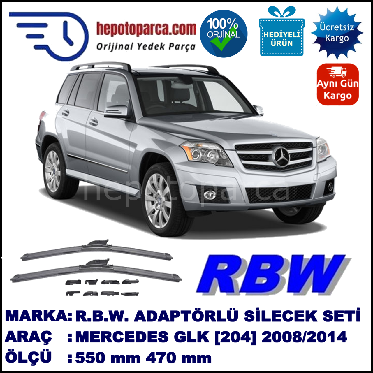 MERCEDES-BENZ Serie GLK [204] 06.2008-01.2014, 550 / 470 mm.  RBW  ADAPTÖRLÜ MUZ SİLECEK SETİ