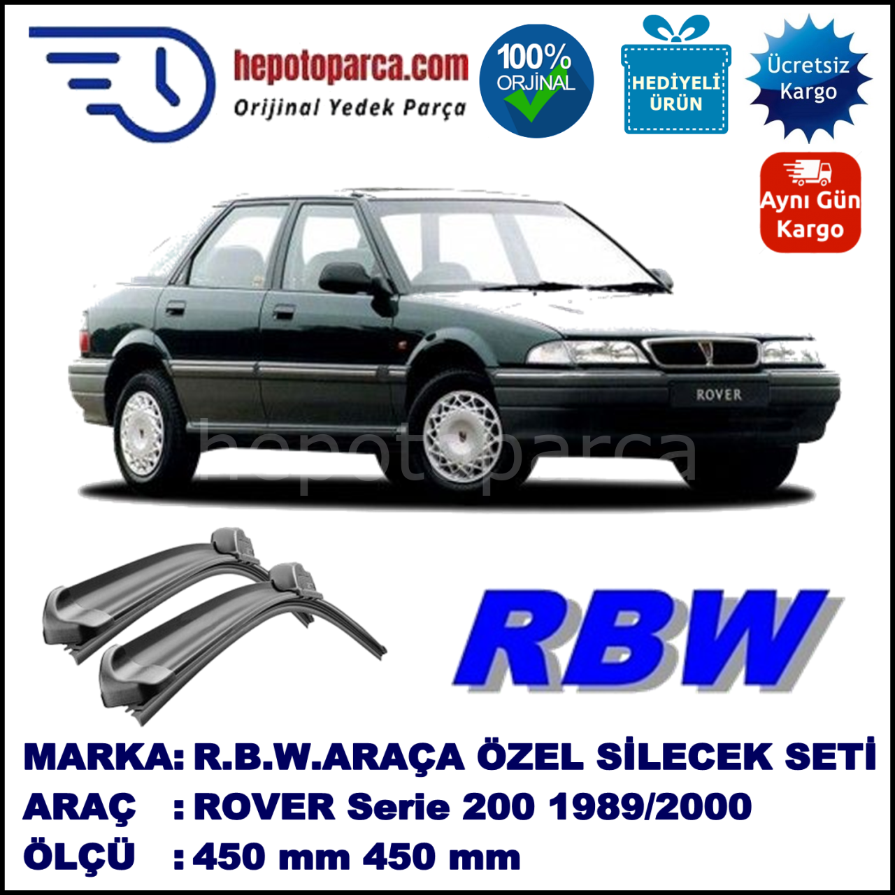 ROVER Serie 200  10.89-03.00 450 / 450 mm. RBW Muz Silecek Seti  2'li Takım. U Kanca Uyumludur.