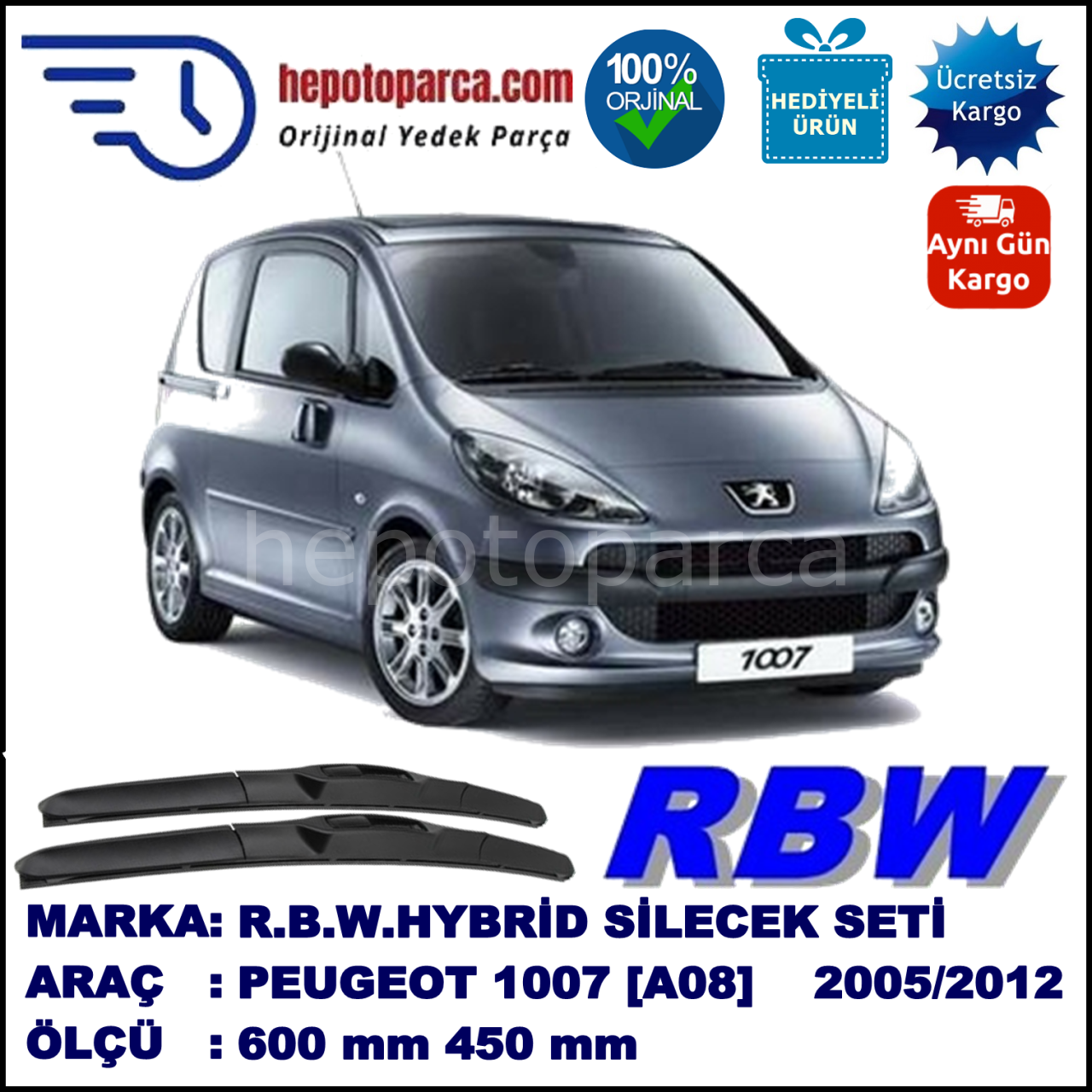 PEUGEOT 1007 [A08] 04.05-... 600 / 450 mm. RBW Hybrid Silecek Seti. U Kanca Uyumlu Hibrit