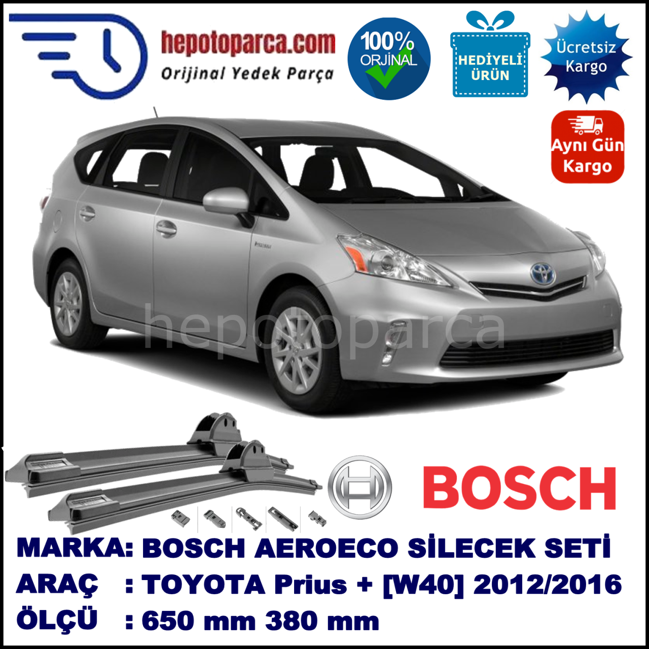 TOYOTA Prius + [W40] 03.2012-..., 650 / 380 mm. BOSCH AEROECO Aparatlı Muz Silecek