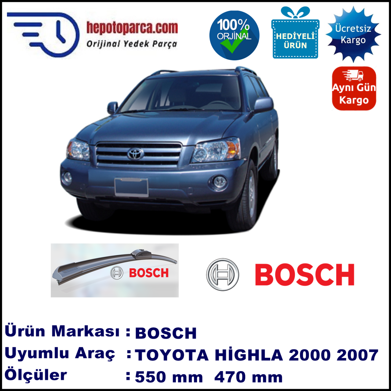 TOYOTA Highlander  09.2000-08.2007, 550 / 470 mm. BOSCH AEROECO Aparatlı Muz Silecek