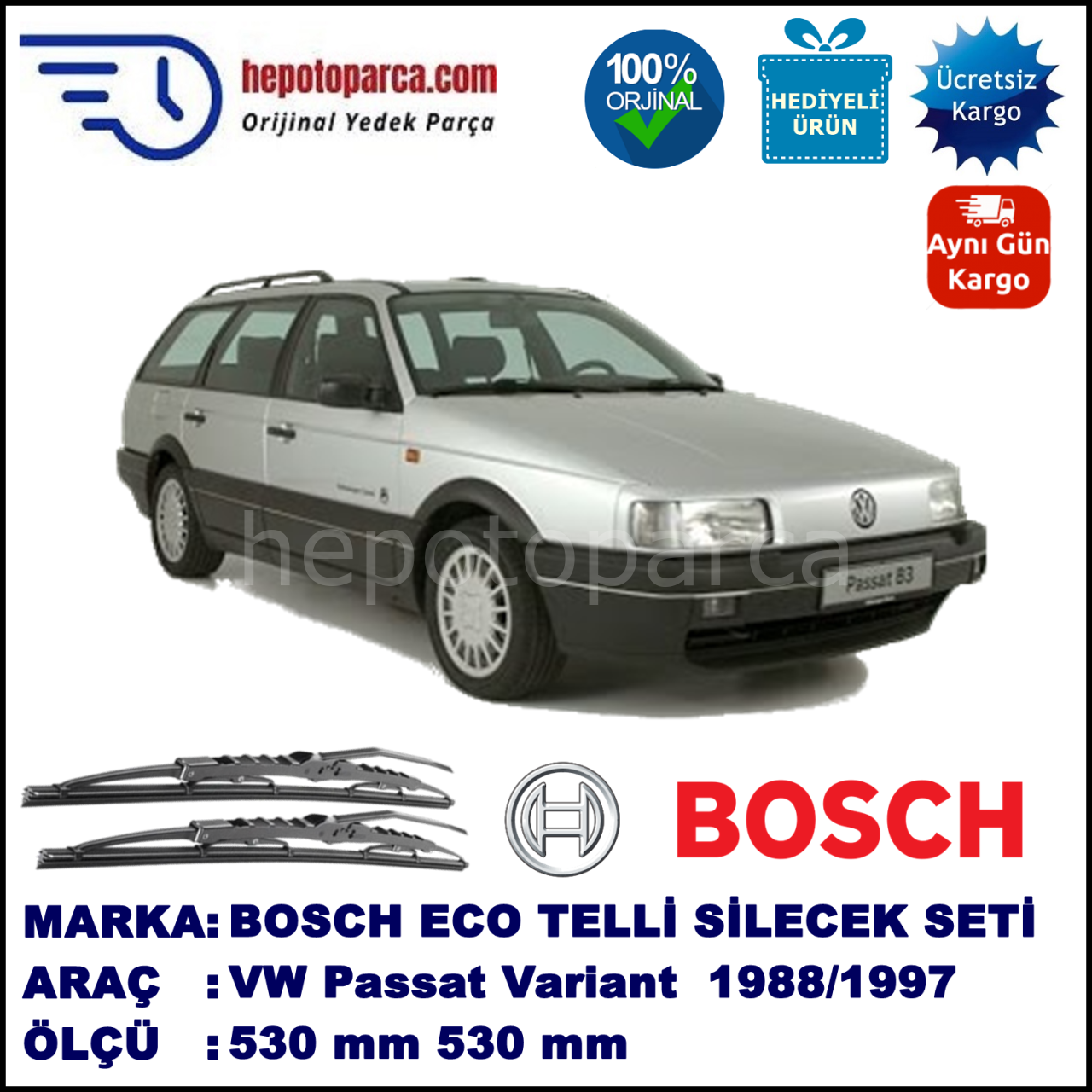 VW Passat Variant [315/35I/3A5] 04.88-03.97 530 / 530 mm. BOSCH ECO Telli Silecek 2'li Takım