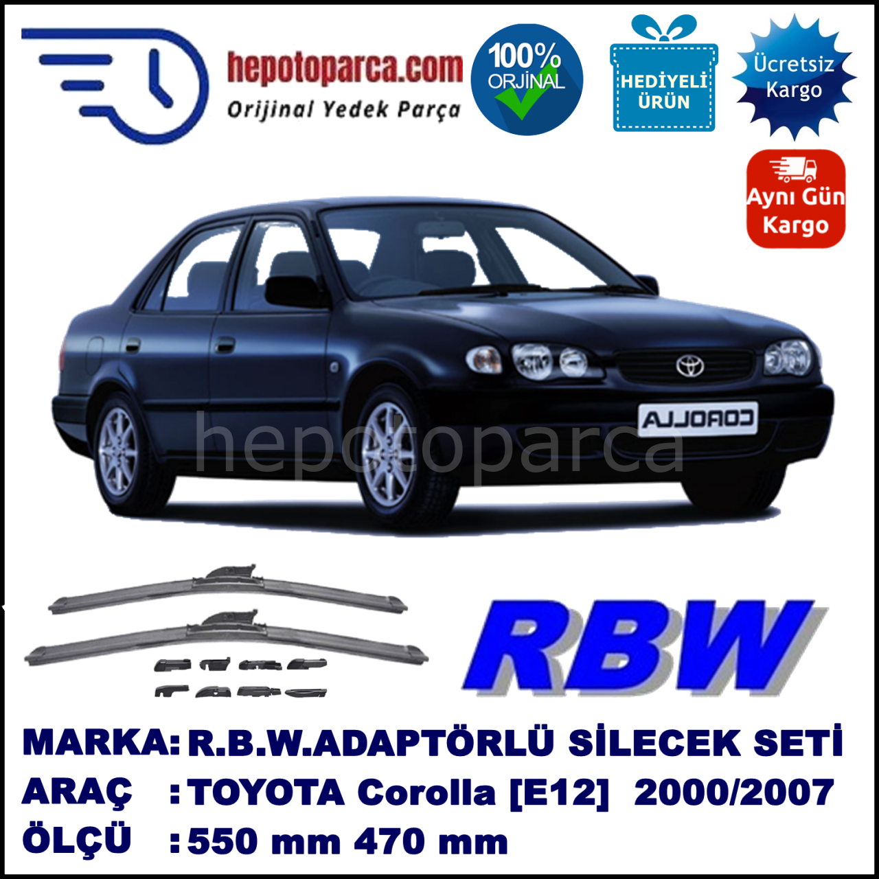 TOYOTA Corolla [E12] 08.2000-12.2007, 550 / 470 mm.  RBW  ADAPTÖRLÜ MUZ SİLECEK SETİ