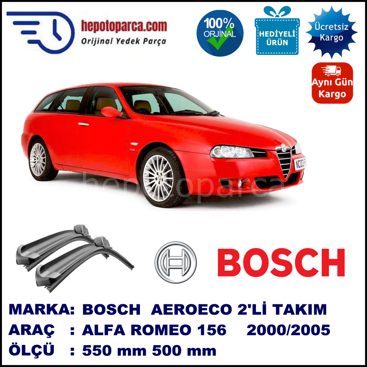 ALFA ROMEO 156 Sport Wagon [932] 06.2000-12.2005, 550 / 500 mm. BOSCH AEROECO Aparatlı Muz Silecek