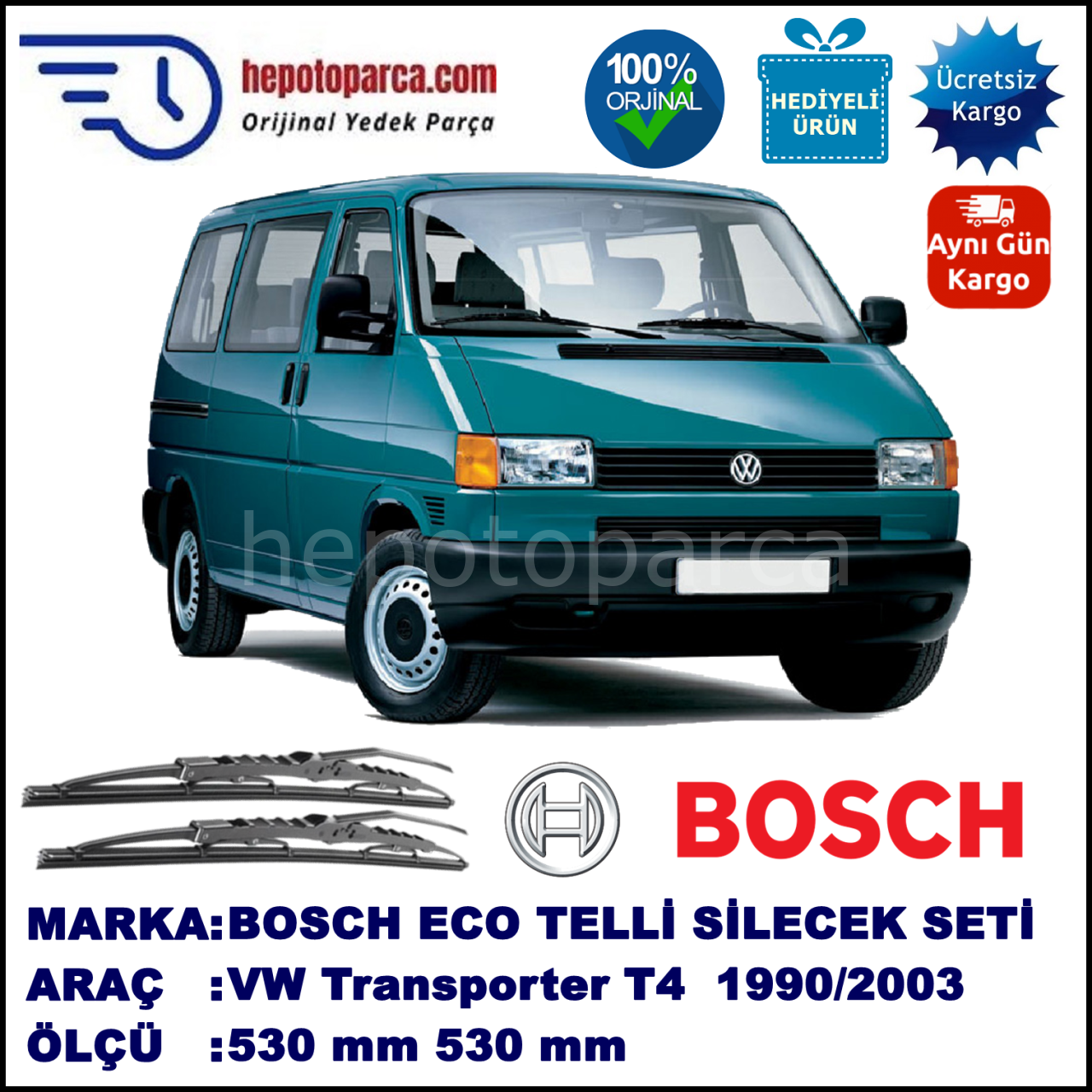 VW Transporter T4 [70, 7D] 09.90-06.03 530 / 530 mm. BOSCH ECO Telli Silecek 2'li Takım