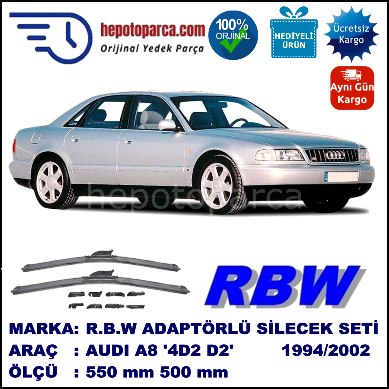 AUDI A8 [4D2; D2] 06.1994-09.2002, 550 / 500 mm.  RBW  ADAPTÖRLÜ MUZ SİLECEK SETİ