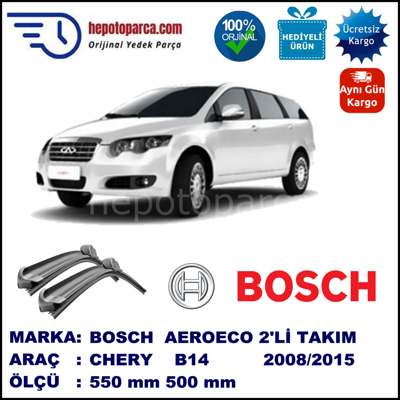 CHERY B14  03.2008-..., 550 / 500 mm. BOSCH AEROECO Aparatlı Muz Silecek