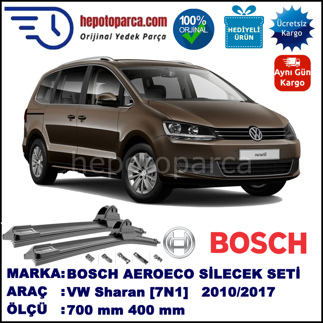 VW Sharan [7N1] 05.2010-..., 700 / 400 mm. BOSCH AEROECO Aparatlı Muz Silecek