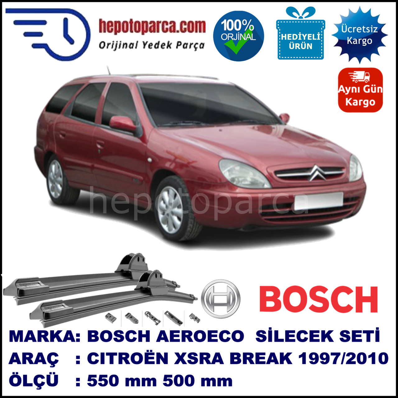CITROEN Xsara Break [N6, N7] 10.1997-03.2010, 550 / 500 mm. BOSCH AEROECO Aparatlı Muz Silecek