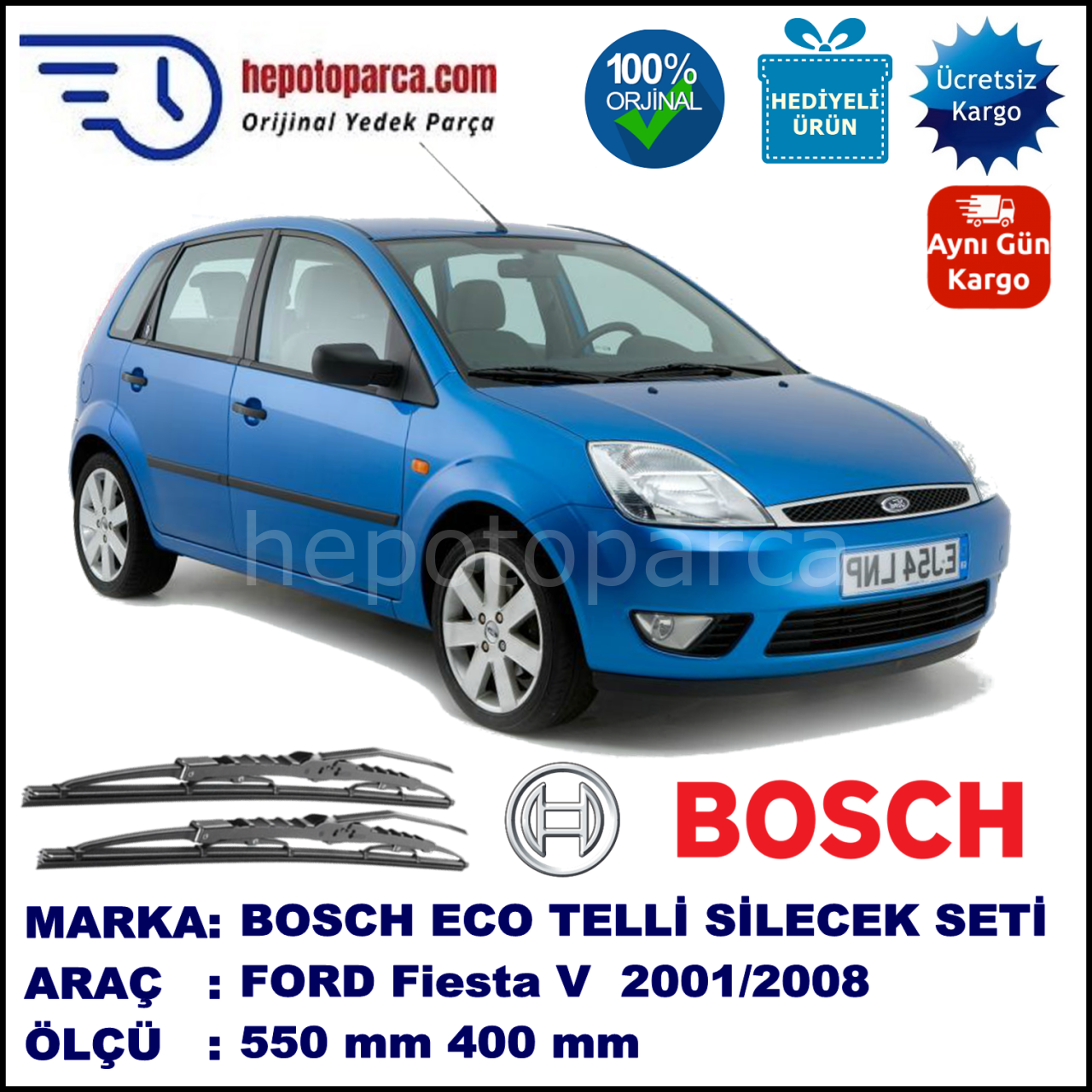 FORD Fiesta V [02] 11.01-09.08 550 / 400 mm. BOSCH ECO Telli Silecek 2'li Takım