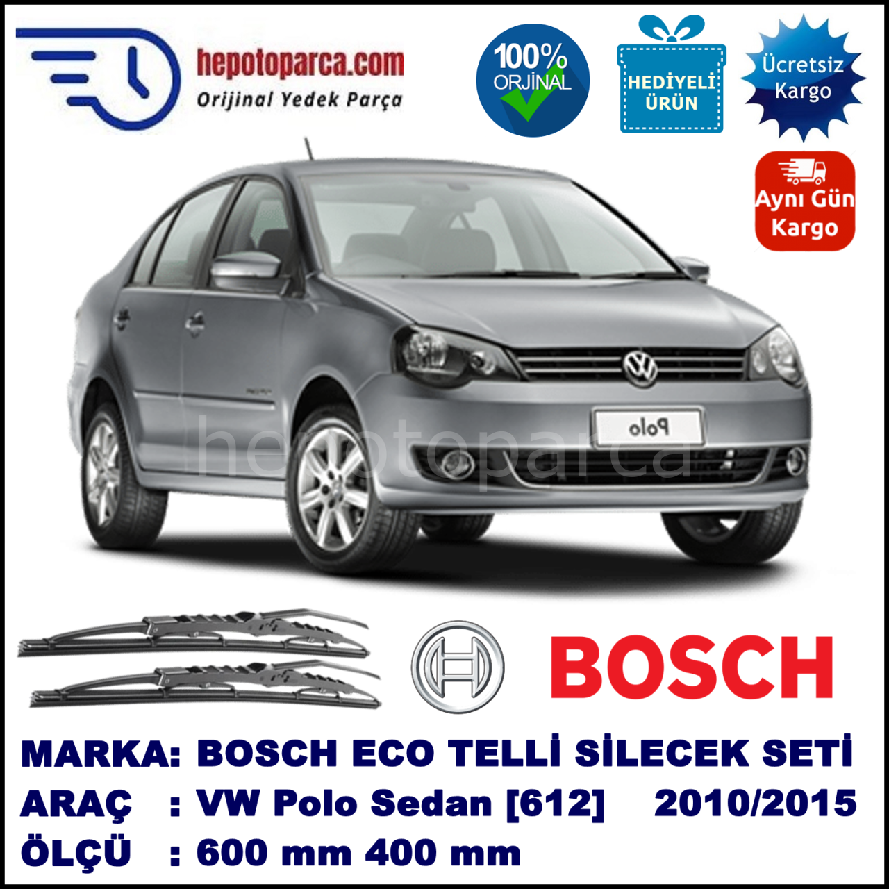 VW Polo Sedan [612] 09.10-... 600 / 400 mm. BOSCH ECO Telli Silecek 2'li Takım