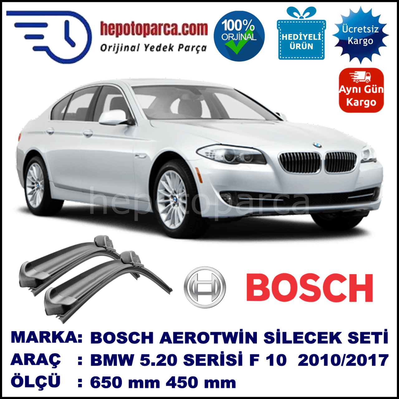 BMW Serie 5 [F 10] 03.2010-... 650/450 mm Bosch Aerotwin Araca Özel Silecek
