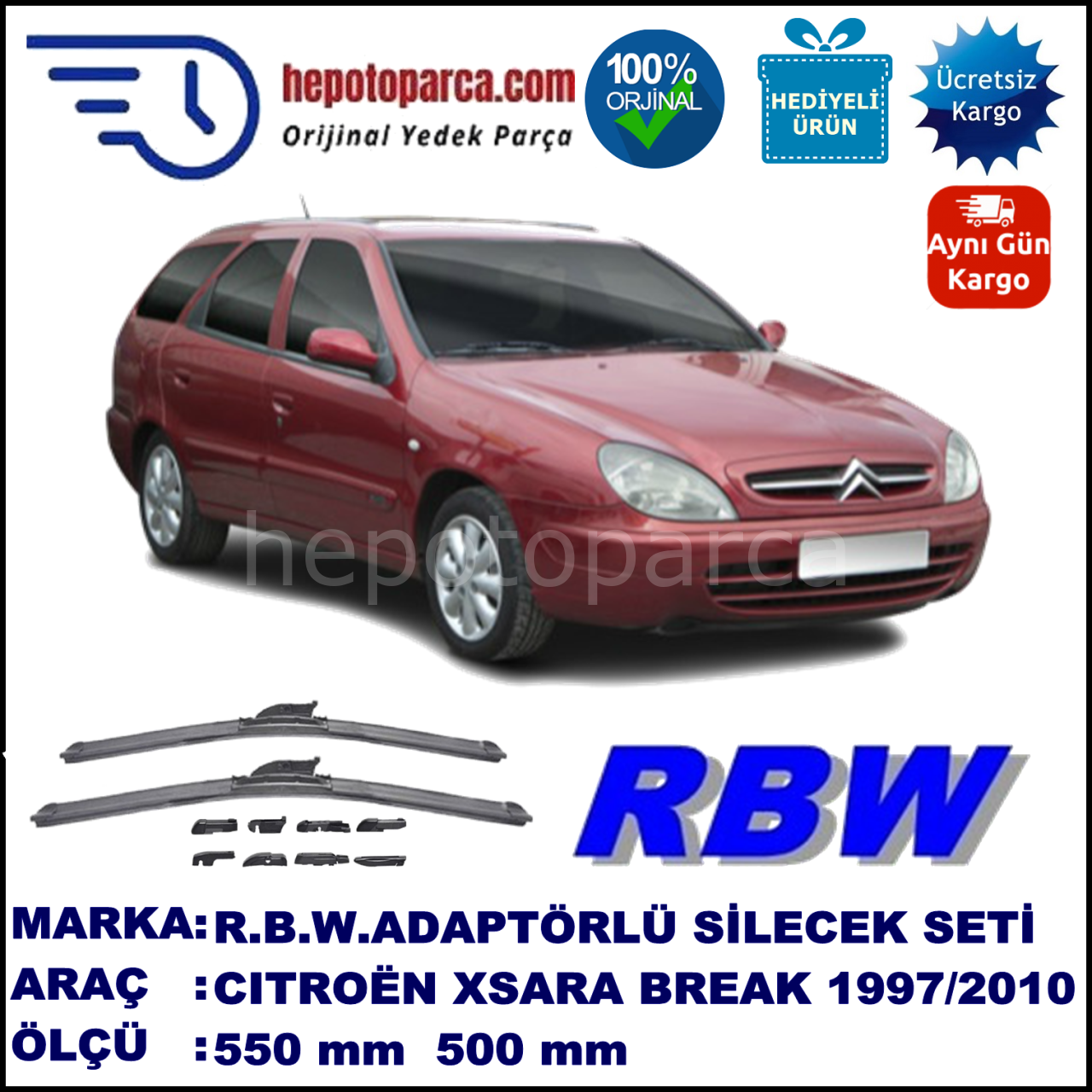 CITROEN Xsara Break [N6, N7] 10.1997-03.2010, 550 / 500 mm.  RBW  ADAPTÖRLÜ MUZ SİLECEK SETİ