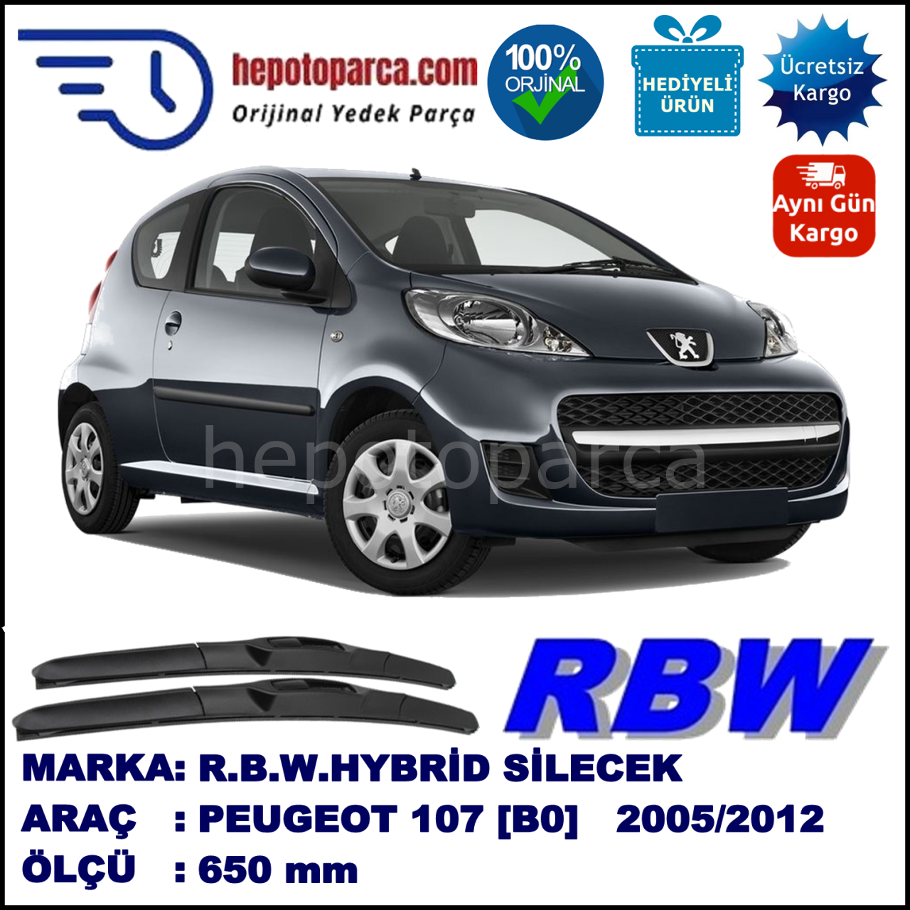 PEUGEOT 107 [B0] 06.05-... 650 /  mm. RBW Hybrid Silecek. U Kanca Uyumlu Hibrit