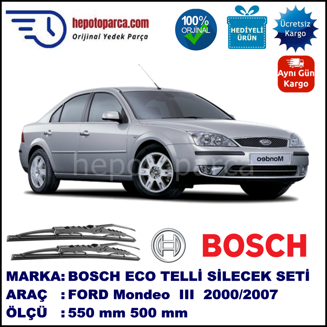 FORD Mondeo III [01] 10.00-03.07 550 / 500 mm. BOSCH ECO Telli Silecek 2'li Takım