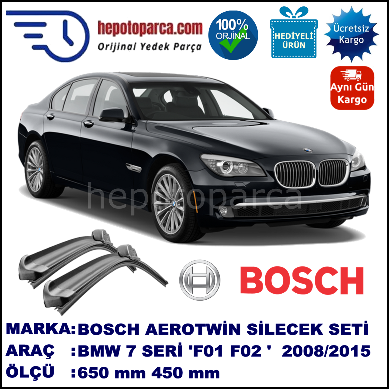 BMW Serie 7 [F 01; F 02; F04] 11.2008-... 650/450 mm Bosch Aerotwin Araca Özel Silecek
